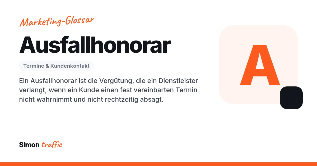 Ausfallhonorar einfach erklärt: Ein Ausfallhonorar ist die Vergütung, die ein Dienstleister verlangt, wenn ein Kunde einen fest vereinbarten Termin nicht wahrnimmt und nicht rechtzeitig absagt.