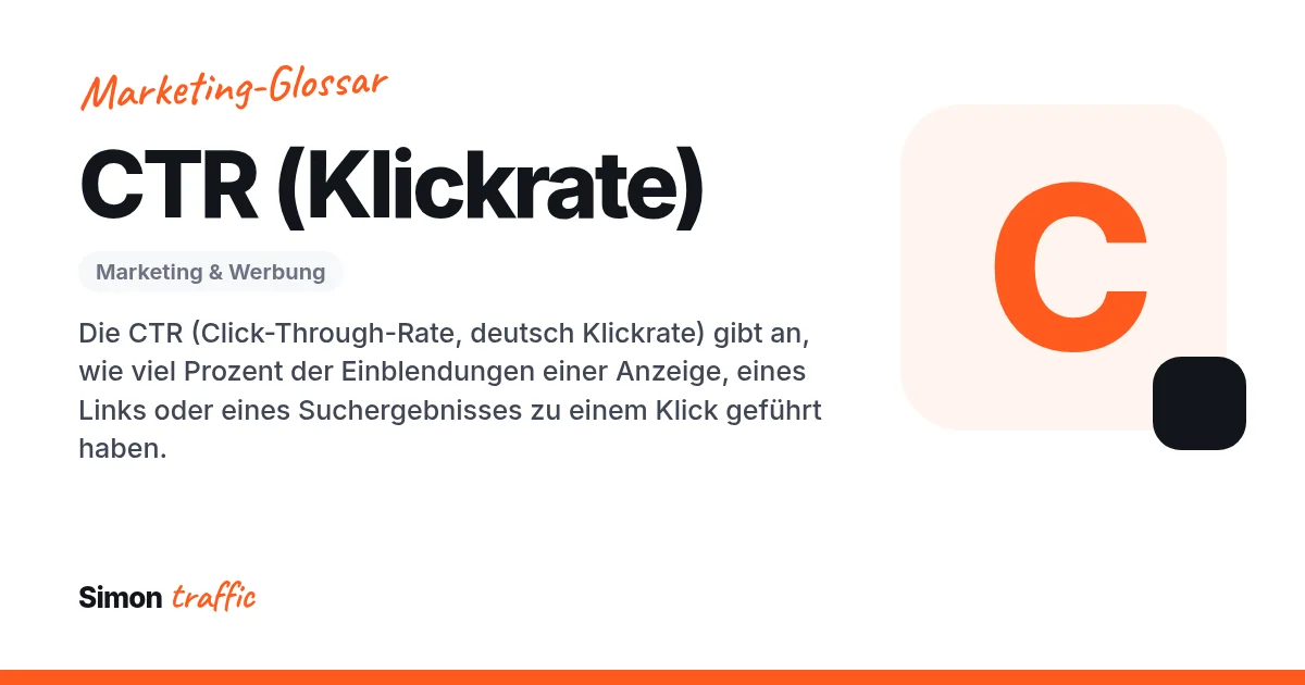 CTR (Klickrate) einfach erklärt: Die CTR (Click-Through-Rate, deutsch Klickrate) gibt an, wie viel Prozent der Einblendungen einer Anzeige, eines Links oder eines Suchergebnisses zu einem Klick geführt haben.