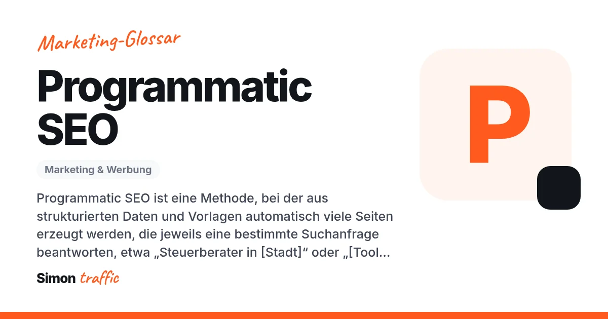 Programmatic SEO einfach erklärt: Programmatic SEO ist eine Methode, bei der aus strukturierten Daten und Vorlagen automatisch viele Seiten erzeugt werden, die jeweils eine bestimmte Suchanfrage beantworten, etwa „Steuerberater in [Stadt]“ oder „[Tool A] vs. [Tool B]“.