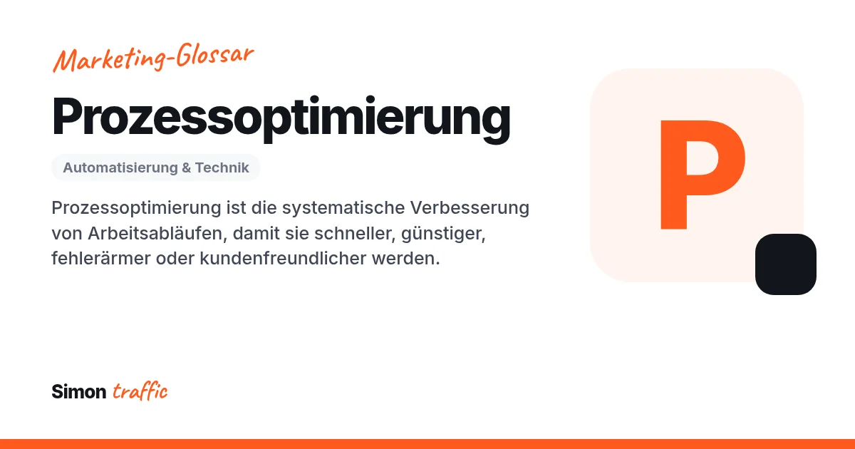 Prozessoptimierung einfach erklärt: Prozessoptimierung ist die systematische Verbesserung von Arbeitsabläufen, damit sie schneller, günstiger, fehlerärmer oder kundenfreundlicher werden.