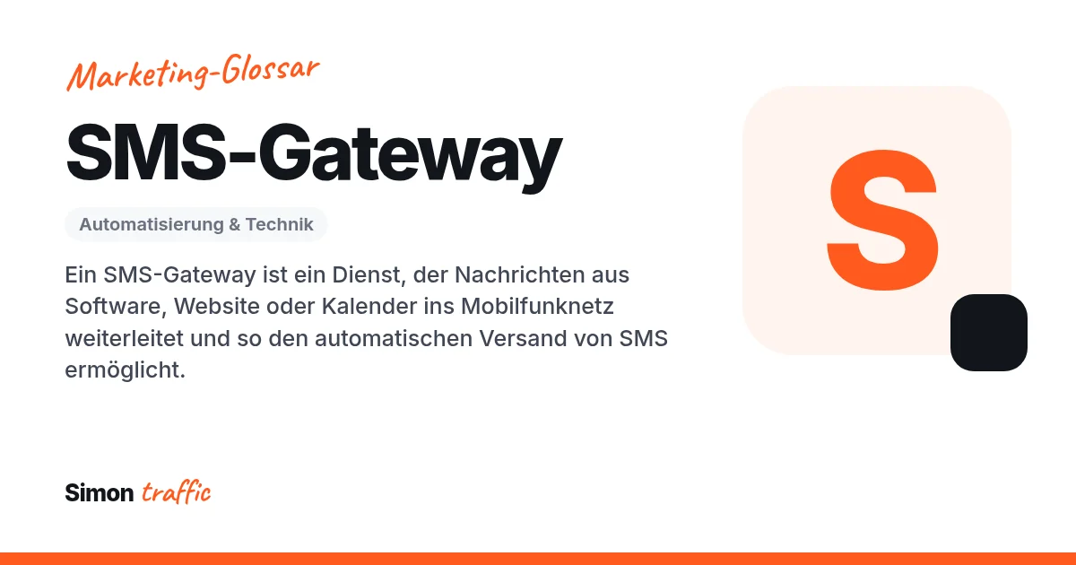 SMS-Gateway einfach erklärt: Ein SMS-Gateway ist ein Dienst, der Nachrichten aus Software, Website oder Kalender ins Mobilfunknetz weiterleitet und so den automatischen Versand von SMS ermöglicht.