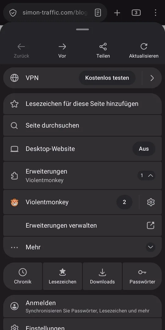 Rec-Bubble Screenshot: Violentmonkey im Firefox-Menü
