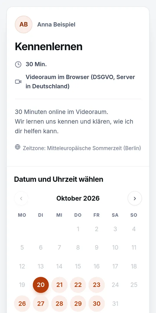 Terminbuchung Screenshot: Freie Tage auf einen Blick