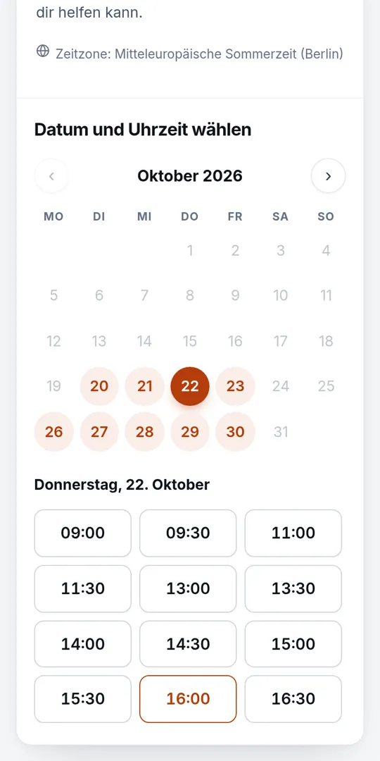 Terminbuchung Screenshot: Uhrzeit wählen