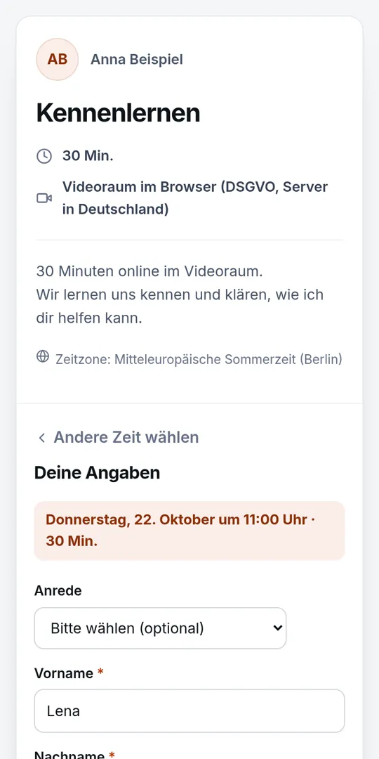 Terminbuchung Screenshot: Kurz eintragen, fertig