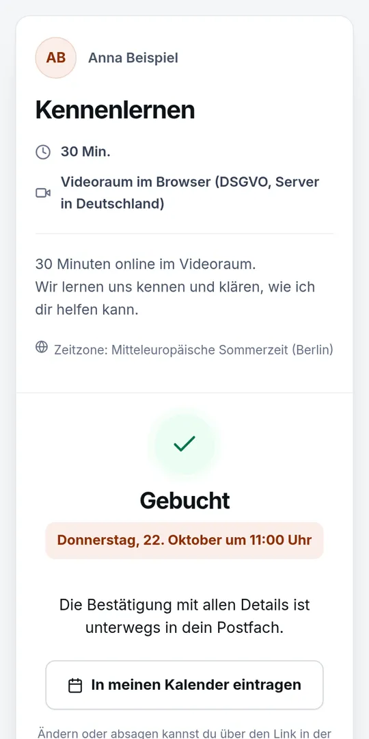 Terminbuchung Screenshot: Bestätigung mit Kalendereintrag