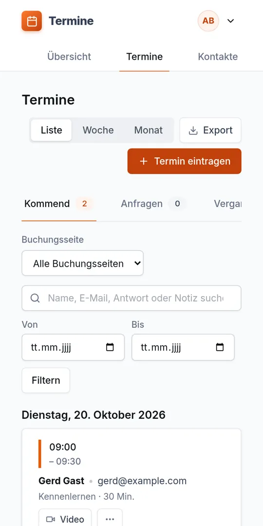 Terminbuchung Screenshot: Alle Termine in der Verwaltung