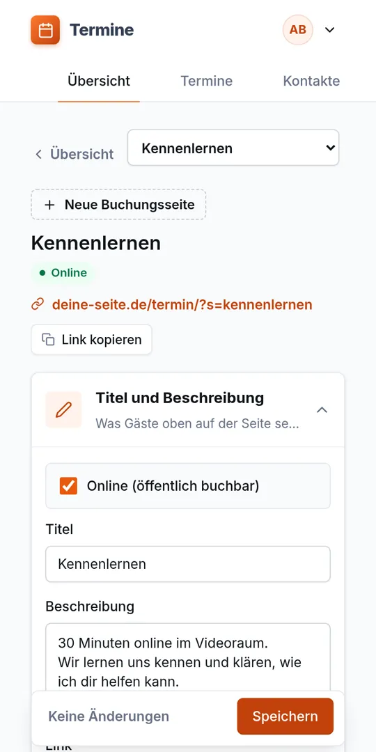 Terminbuchung Screenshot: Buchungsseite anpassen