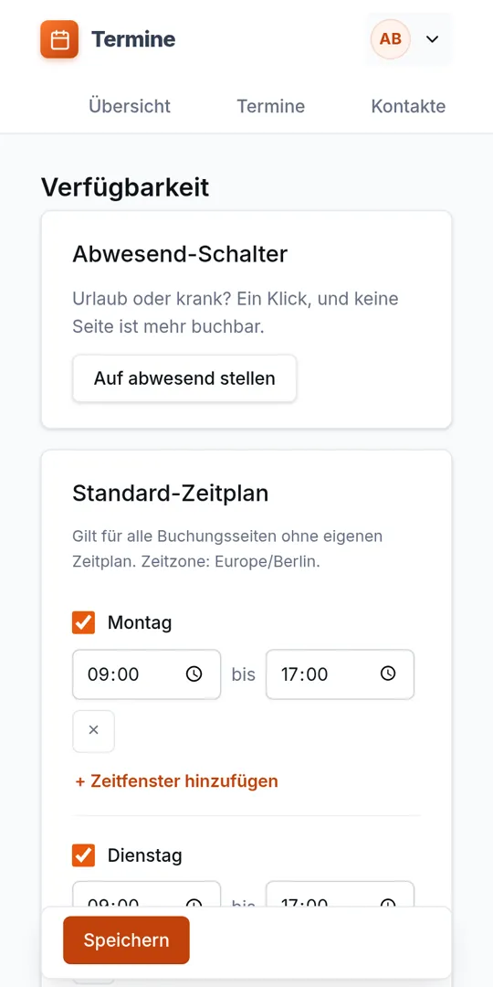 Terminbuchung Screenshot: Arbeitszeiten und Urlaub